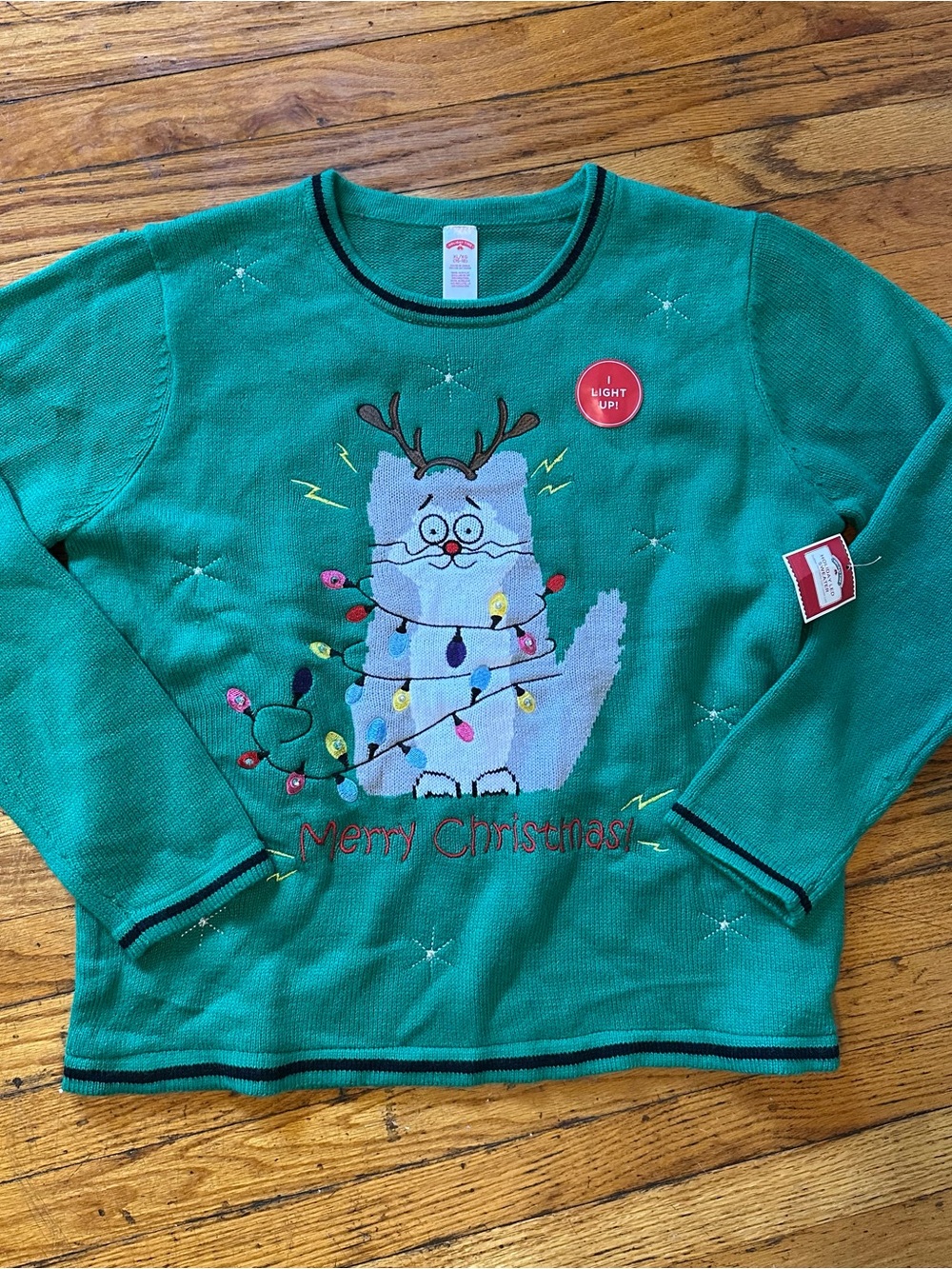 Women’s Holiday Time Green Light-Up Cat Christmas Sweater size L New
